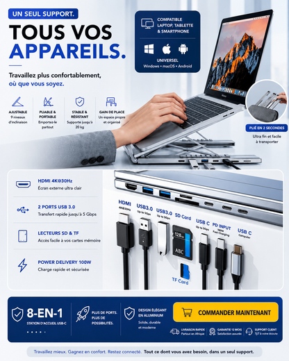 💻 Support Laptop 8-en-1 avec Hub USB-C